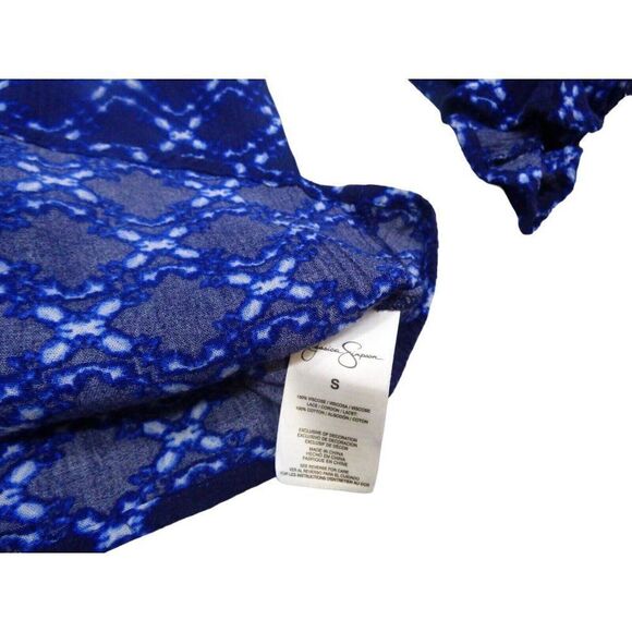Jessica Simpson ¾ Bell Sleeve Printed Peasant Top, Blue, Size S - Picture 6 of 7